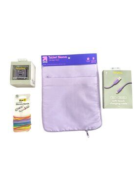 Tech Accessories - Bundle Lavender & Multicolor Tablet Sleeve, Charging Cable, W